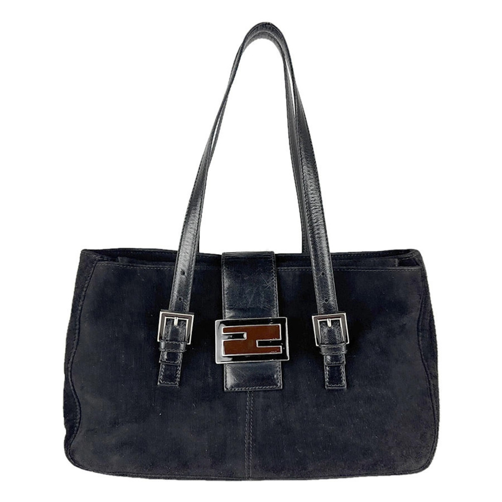 Fendi black suede shoulder bag dual leather shoulder buckle